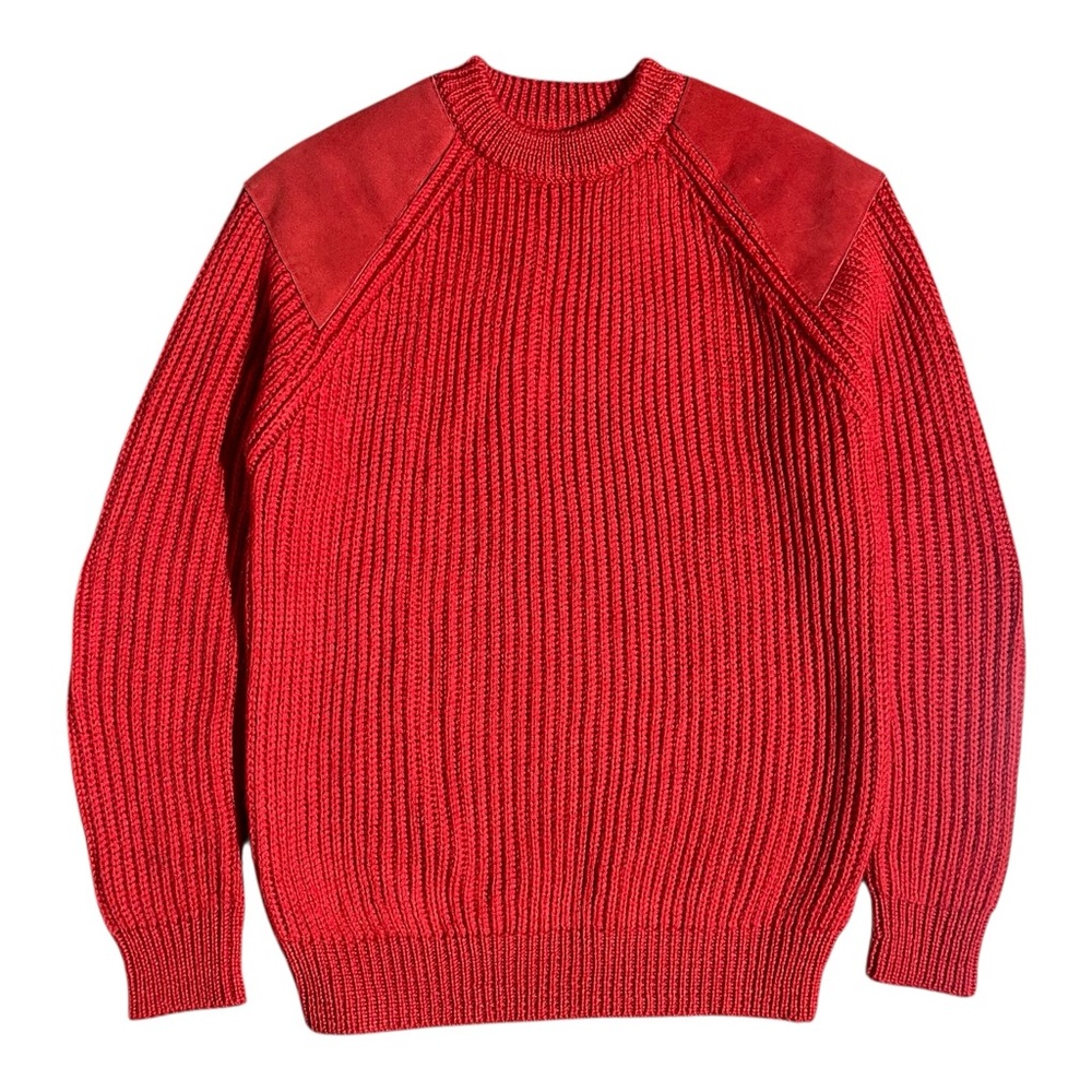 WoolOvers Red Pure Wool Knit Thick Sweater Leather Patches